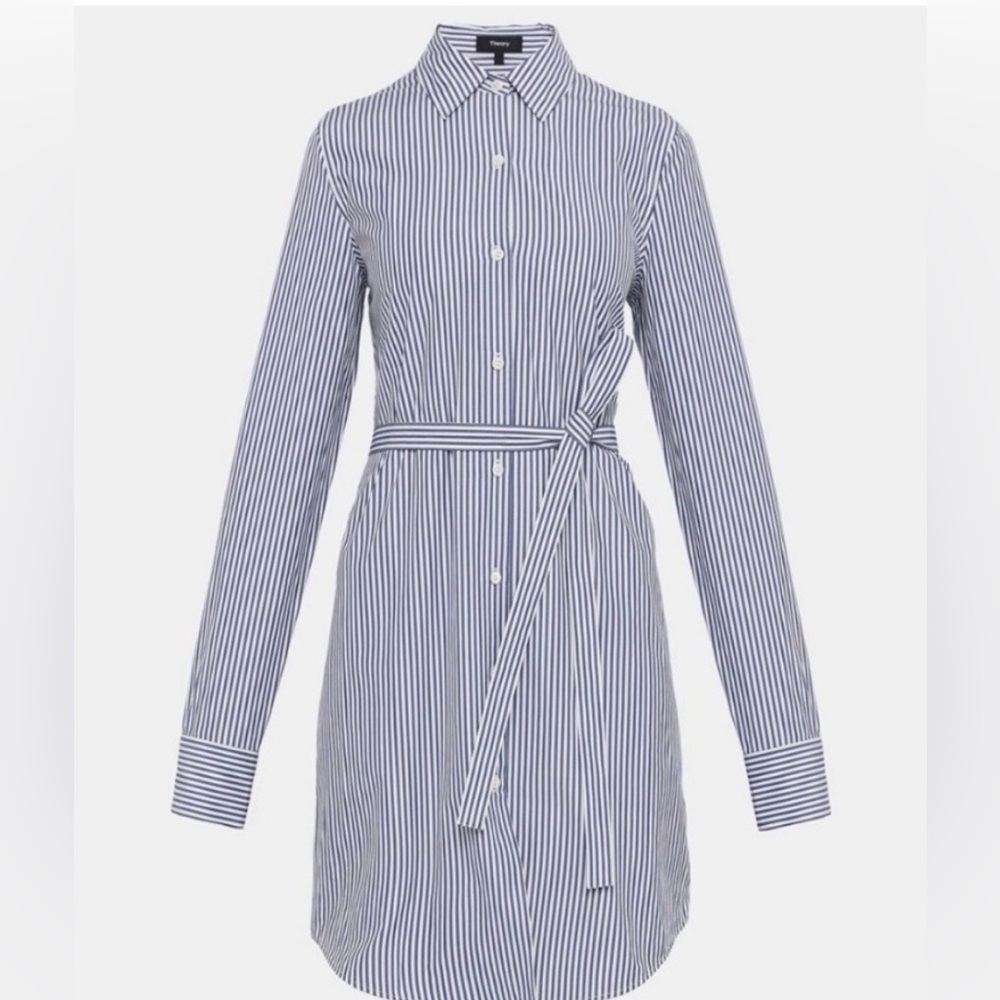 Theory Clean Shirtdress Hartman Stripes Shirt Dress Blue White Coastal MSRP $345